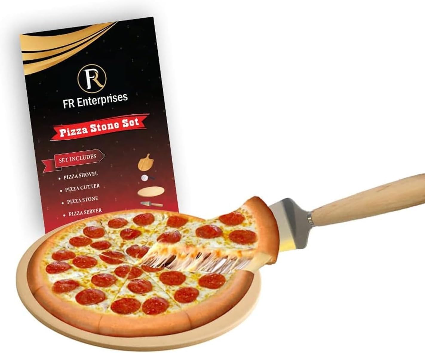 FR Enterprises Pizza Stone for Oven - Round Stone with Pizza Peel, Paddle, and Cutter - Round Stone for BBQ, Grill, Baking Bread, Pizza, and Cookies - Portable for Indoor and Outdoor