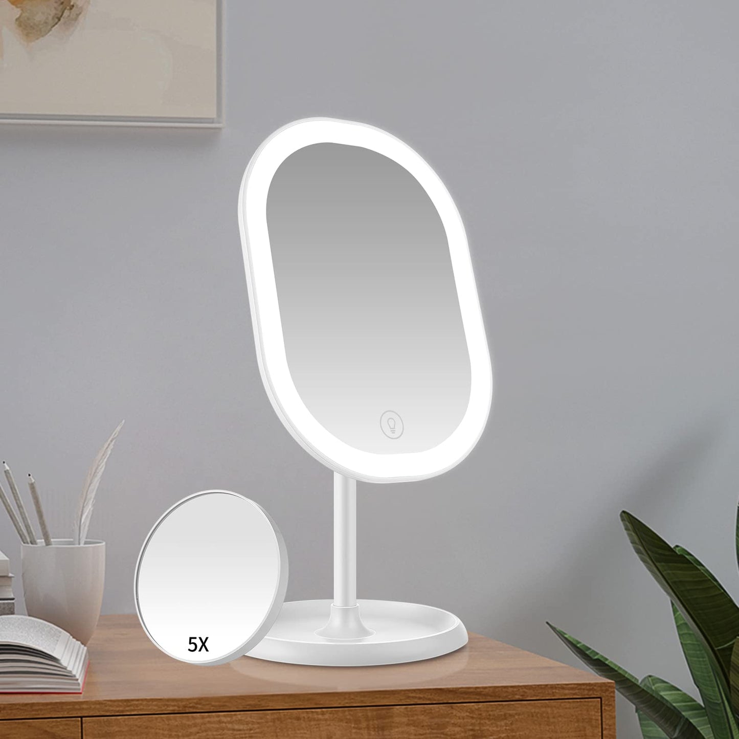 Aidodo Makeup Mirror with LED Lights, Portable and USB Rechargeable Professional Makeup Mirror, Touch Screen Switch, 180 Degree Rotation for Bedroom Makeup Shaving and Travel White