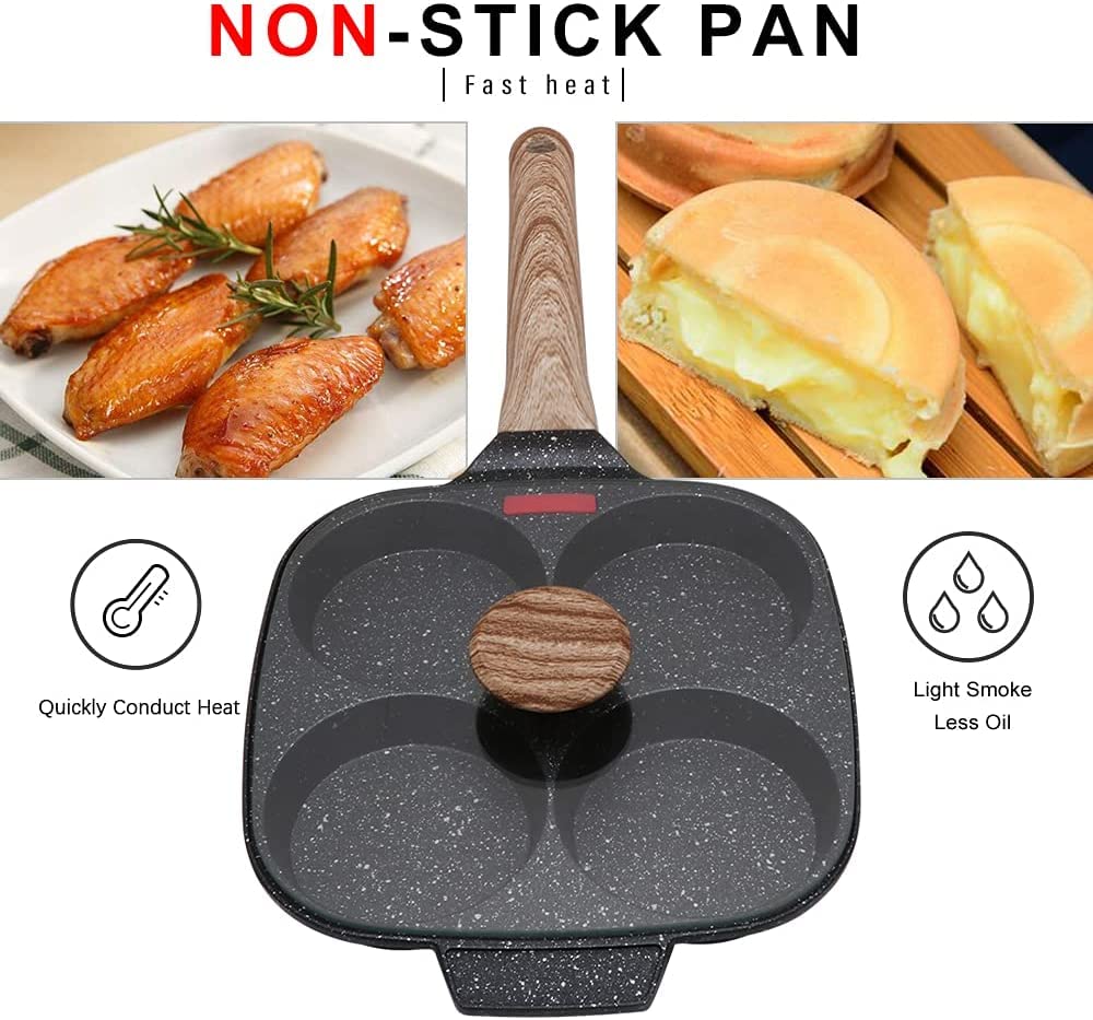 Bobikuke Pancake Pan Non Stick, 4 Hole Egg Frying Pan with Lid Burger Pan Multi Aluminum Fried Egg Pan for Breakfast - Black 4 Trous + Couvercle