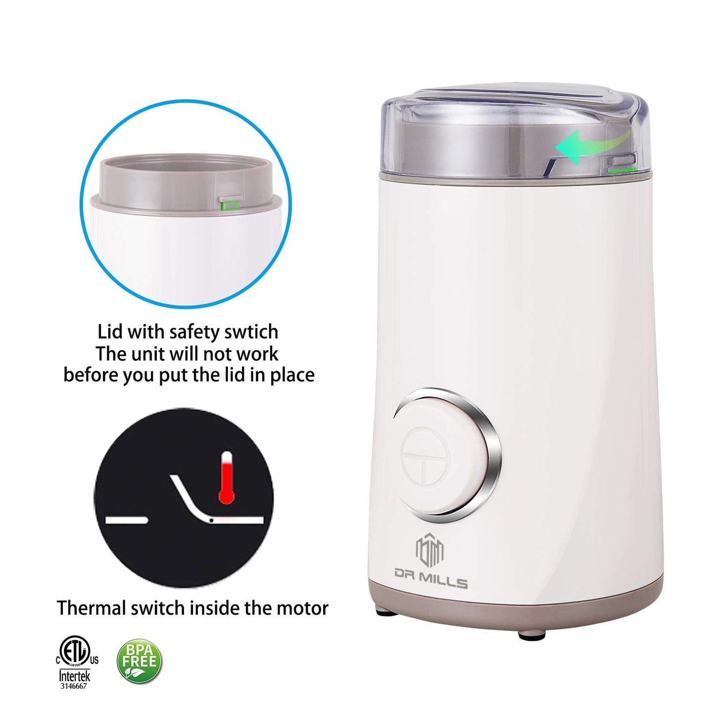 DR MILLS DM-7441W Electric Dried Spice and Coffee Grinder, Blade & Cup Made with SUS304 stianlees Steel（White) White