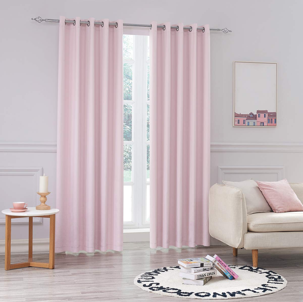 Super Soft Matt Satin 100% Thermal Blackout Blush Pink Eyelet Curtain Window Treatment Drapes 2 panels for Bedroom, Livingroom, Kids Nursery Room W46 x L72 inch 46x72