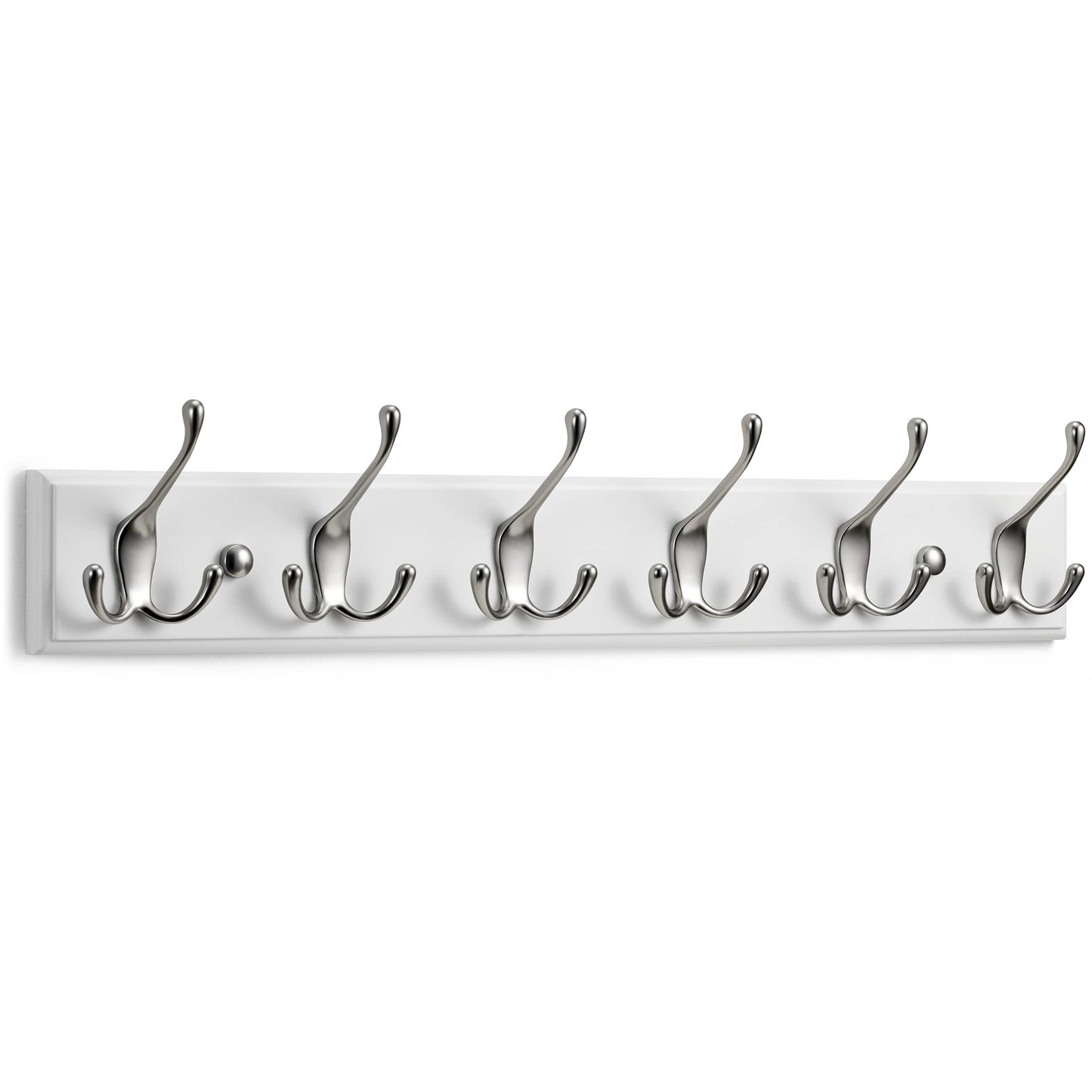 LARHN Wall-Mounted Coat Rack - 6 Matt-Nickel Triple Coat Hooks for Wall on White Wooden Bamboo Base - 59 cm - All Fixings Included 6 Hook