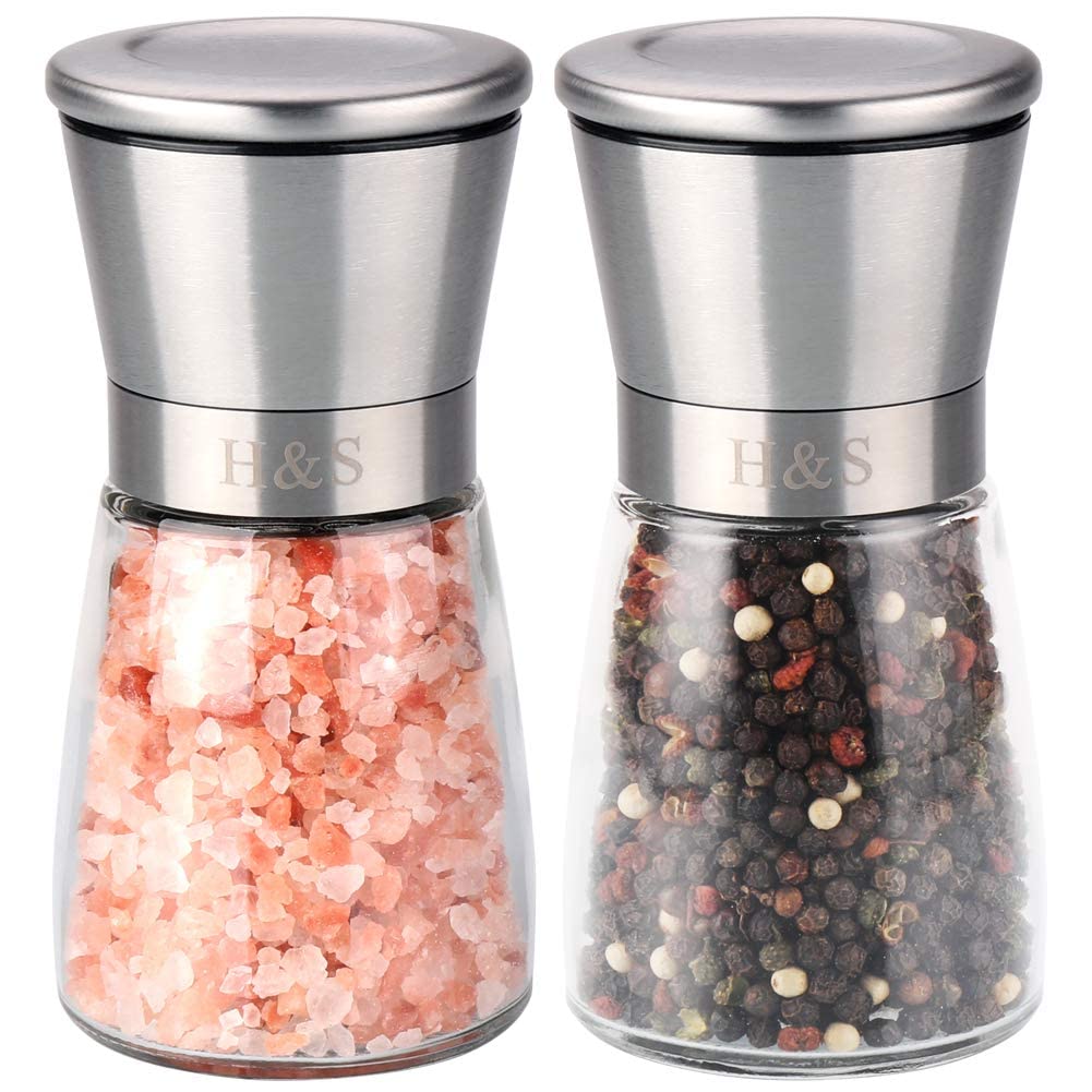 H&S Salt and Pepper Grinder Set - Manual Mill Grinders for Kitchen - Glass and Stainless Steel Spice Mills with Adjustable Coarseness - Easy to Use and Fill - Large Capacity