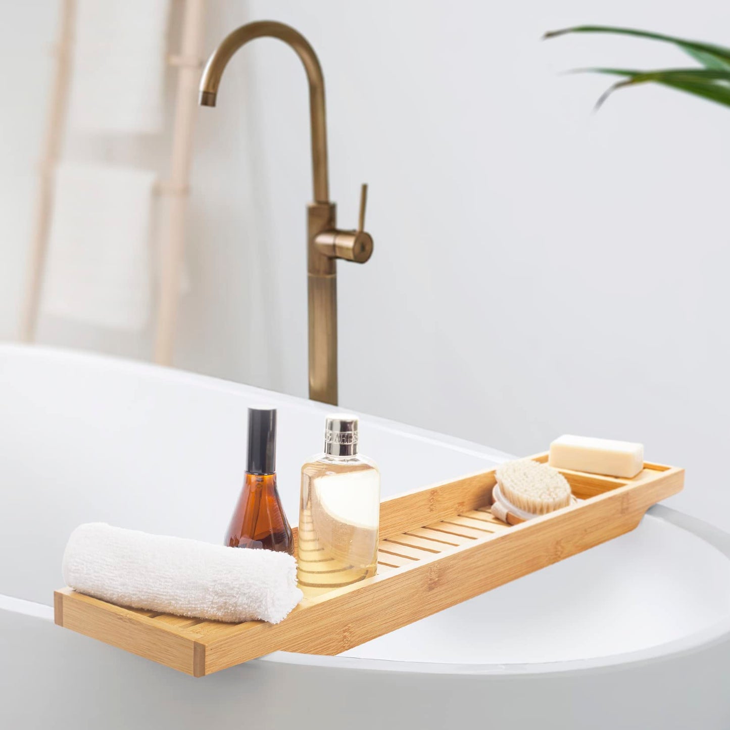 woodluv Slimline Bamboo Bathtub Caddy Tray Bridge Wooden Bath Rack Bathroom Accessory Bath Shelf Over Tub Bathroom Board Storage Shelf Tidy Relax Organiser, 70 x 14.5 x 7.5 cm - Natural