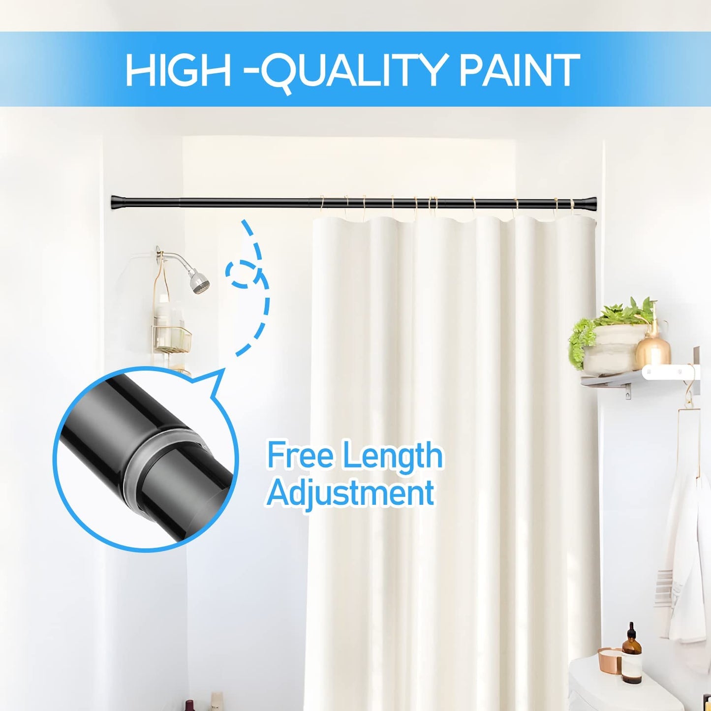 Extendable Curtain Poles Shower Curtain Rail 70-130 cm Tension Rods for Curtains Shower Curtain Rod Shower Curtain Pole Tension Rod Curtain Poles No Drilling Shower Pole Black 1Pcs Diameter:22 mm 70~130cm 1p