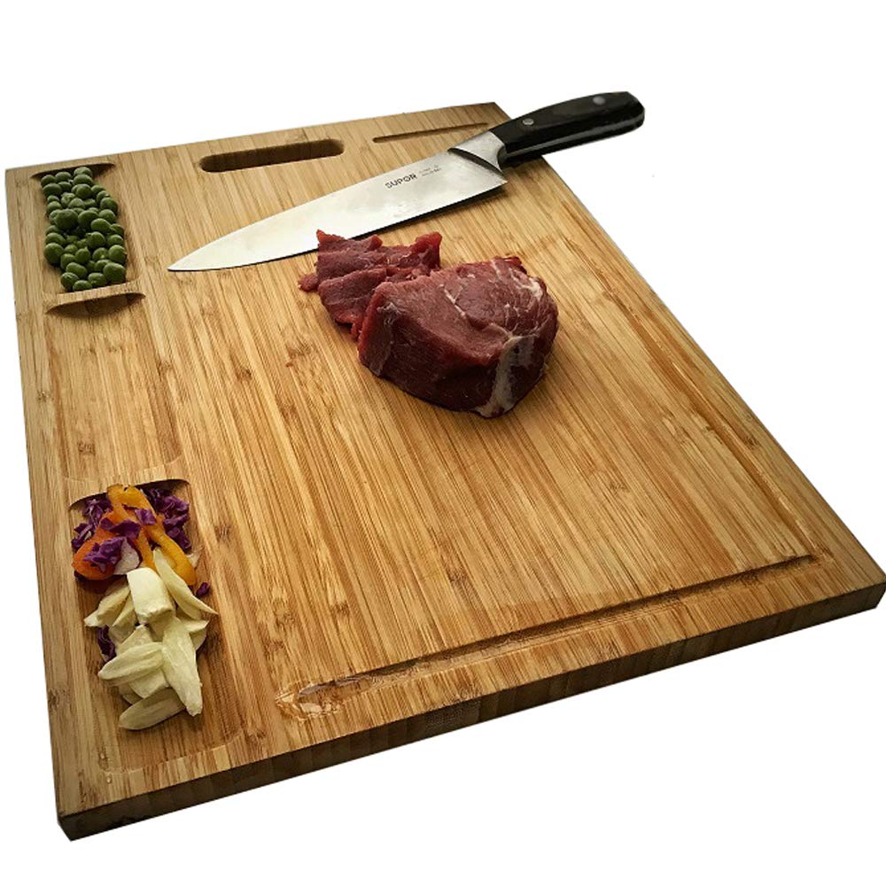 NIUXX Organic Bamboo Cutting Board for Kitchen, Reversible Chopping Board with 3 Built-in Compartments and Juice Grooves, Large Chopping Tray 43 x 32 x 2 cm, Meats Vegetable Bread Fruits Board L (43 x 32 x 2 cm)