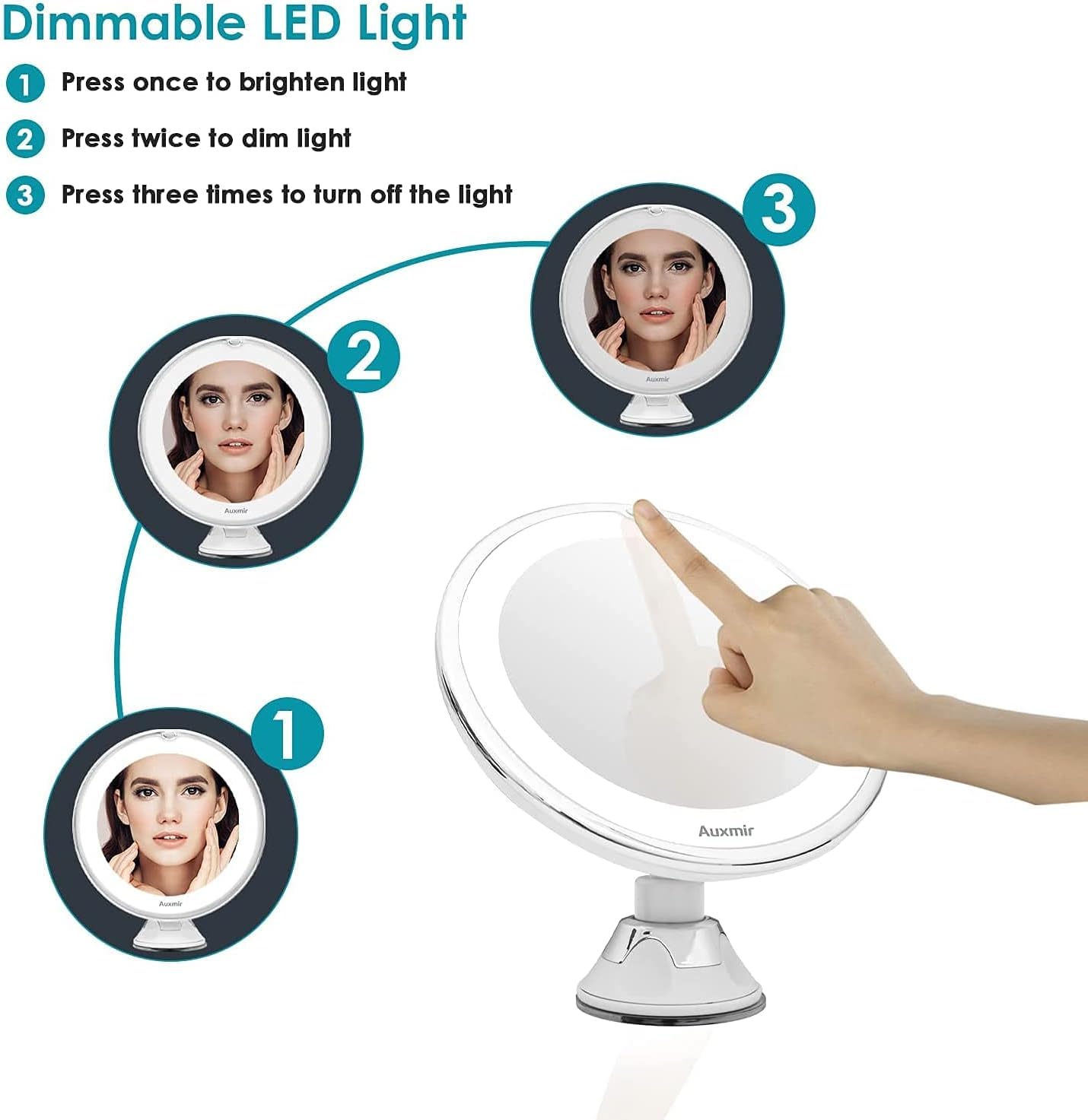 Auxmir Makeup Mirror, 10X Magnifying Lighted Mirror with 2 Adjustable Brightness, Daylight LED Vanity Mirror, 360° Rotating Illuminated Shaving Mirror with Locking Suction for Home, Bathroom