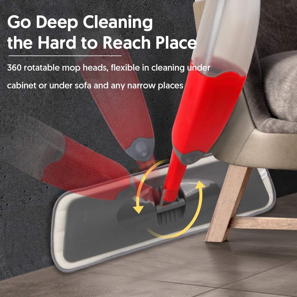 Microfibre Spray Floor Mop - HOMTOYOU Dry and Wet Hardwood Floor Cleaning Mop with 635ml Refillable Bottle 360 Degree Rotatable Spin Dust Chenille Mop with 3 Reusable Refills for Laminate Tile Marble Red/Balck