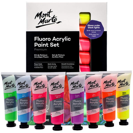 MONT MARTE Fluro Acrylic Paint Intro Set 8pce x 36ml, 8 Colours, Suitable for Use with Canvas, Card, Paper and Wood 36 ml (Pack of 8)