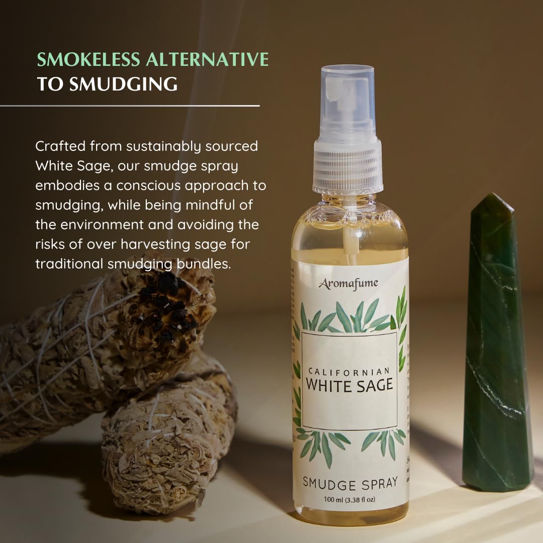 White Sage (California) Smudge Spray & Natural Mist by Aromafume | 100 ml / 3.3oz | Made with Salvia Apiana White Sage Extracts | Ideal for positivity, and cleansing | Non alcoholic, non-toxic & vegan