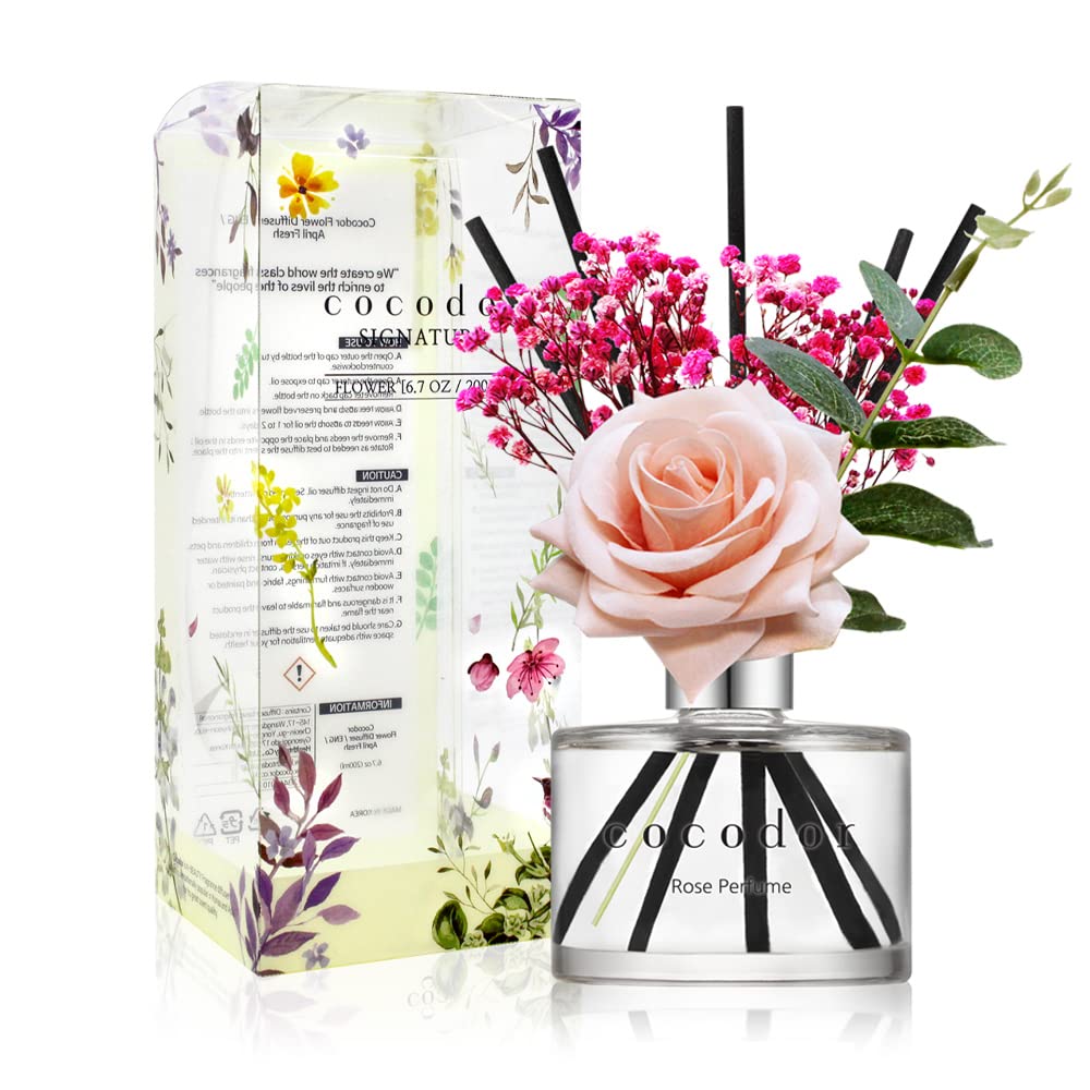 [COCODOR/Rose Perfume] Reed diffuser oil 200ml with Rose, Eucalyptus and Preserved Flower sticks. Best for Home, Kitchen, Bathroom. Diffusers with Sticks Rose/200ml/1Pack Rose Perfume