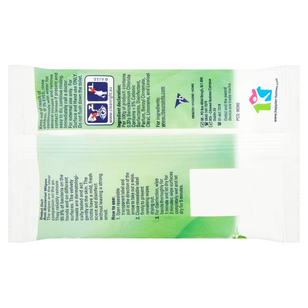 Dettol 2 in 1 Antibacterial Wipes, Hand And Surface On The Go Wipes, Total 135 Wipes (9 Packs x 15 Wipes)