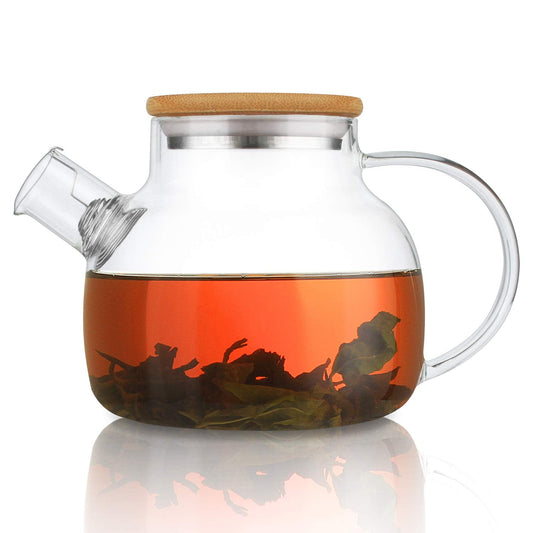 CnGlass Glass Teapot Stovetop Safe with Bamboo Lid,900ml/30.4oz Clear Teapots with Removable Infuser,Glass Tea Kettle for Loose Leaf and Blooming Tea 900ml/30.4oz