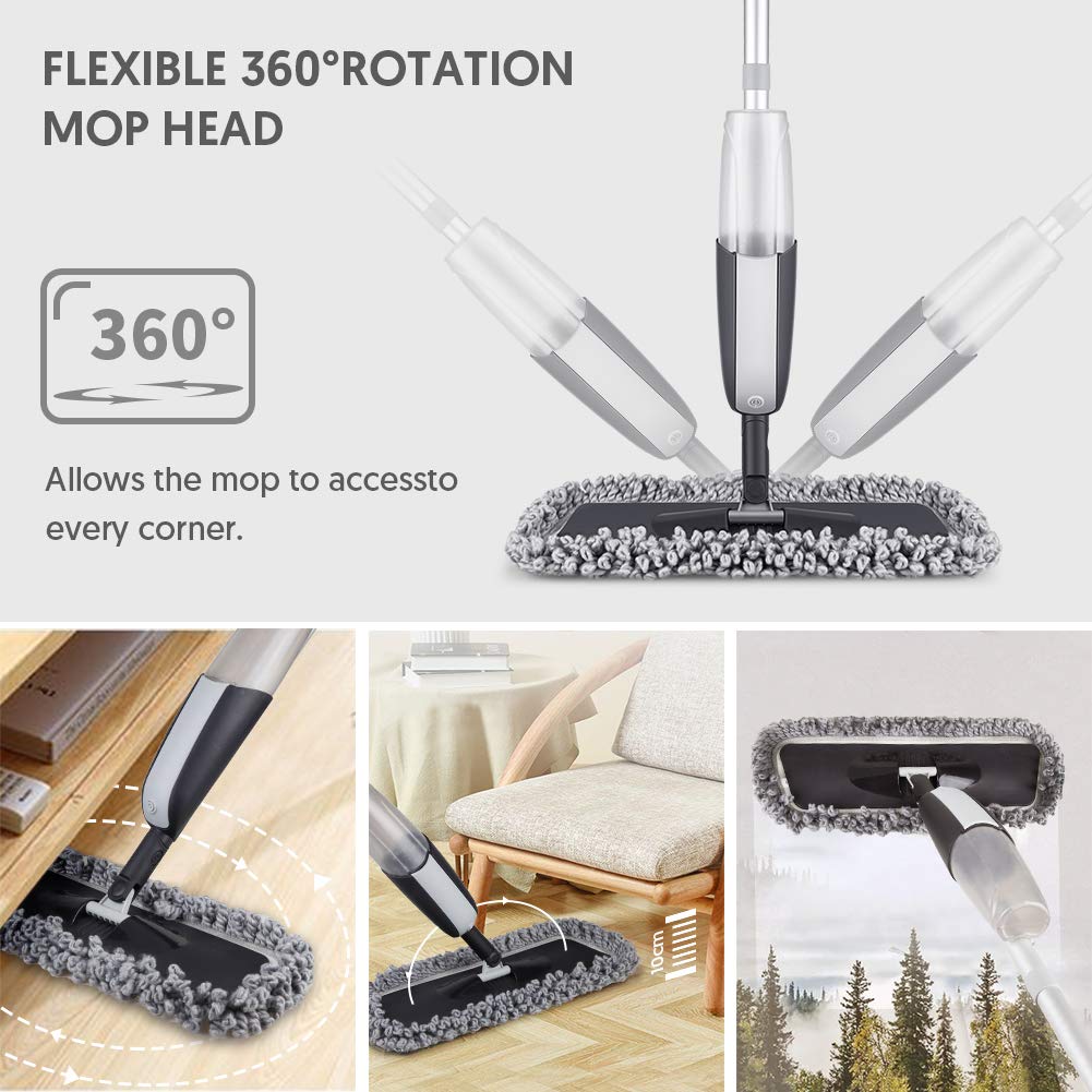 Spray Mop for Floor Cleaning - MANGOTIME Microfibre Floor Mop Dry Wet Mop for Laminate Wooden Hard Floor Tile Vinyl LVT Floors Kitchen Mop with 3 Washable Pads 1 Refillable Bottle 1 Scraper (Black)