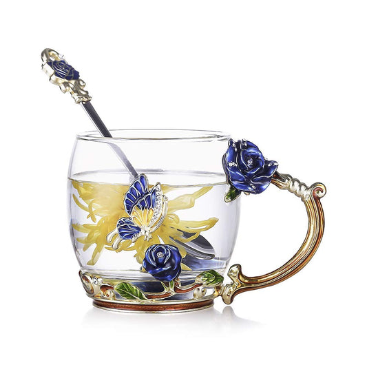 evecase Enamels Butterfly Flower Tea Cup/Coffee Mug with Spoon Set, Gifts for Women Wife Mum Teacher Friends Valentines Christmas Birthday Mothers Day Gifts Blue