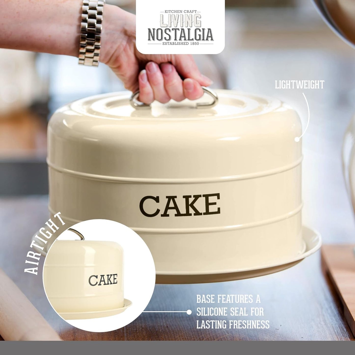 KitchenCraft Living Nostalgia Cake Tin Storage, Airtight Cake Storage Tin / Cake Dome, 28.5 x 18 cm, Antique Cream Single