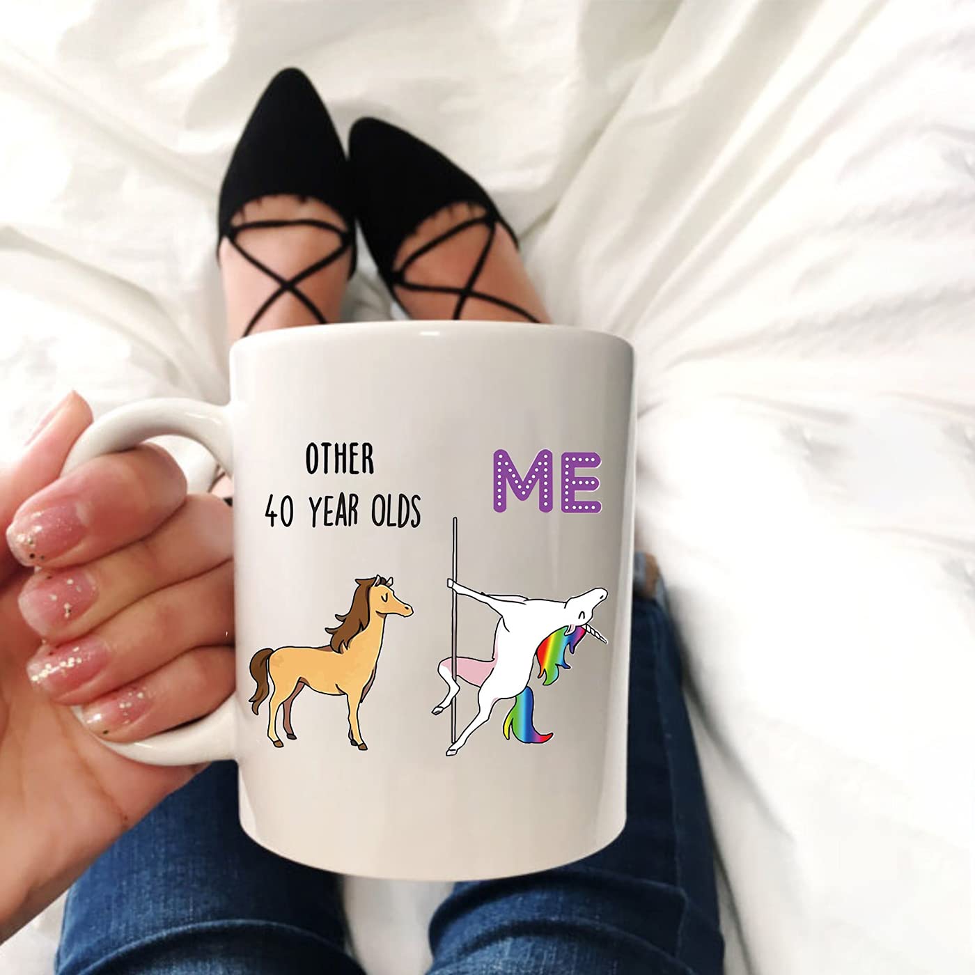 OMNIQI 40th Birthday Gifts for Women Men, 11 oz Novelty 40 Years Old Coffee Mug for Best Friend, Funny 40th Mug Birthday Decorations Forty Birthday Gift 40-unicorn