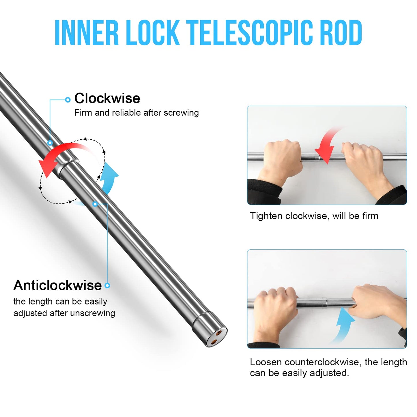 WAENLIR 60cm-100cm Extendable Stainless Steel Wardrobe Rail, Adjustable Clothes Rail Pole With End Sockets. 60-100CM