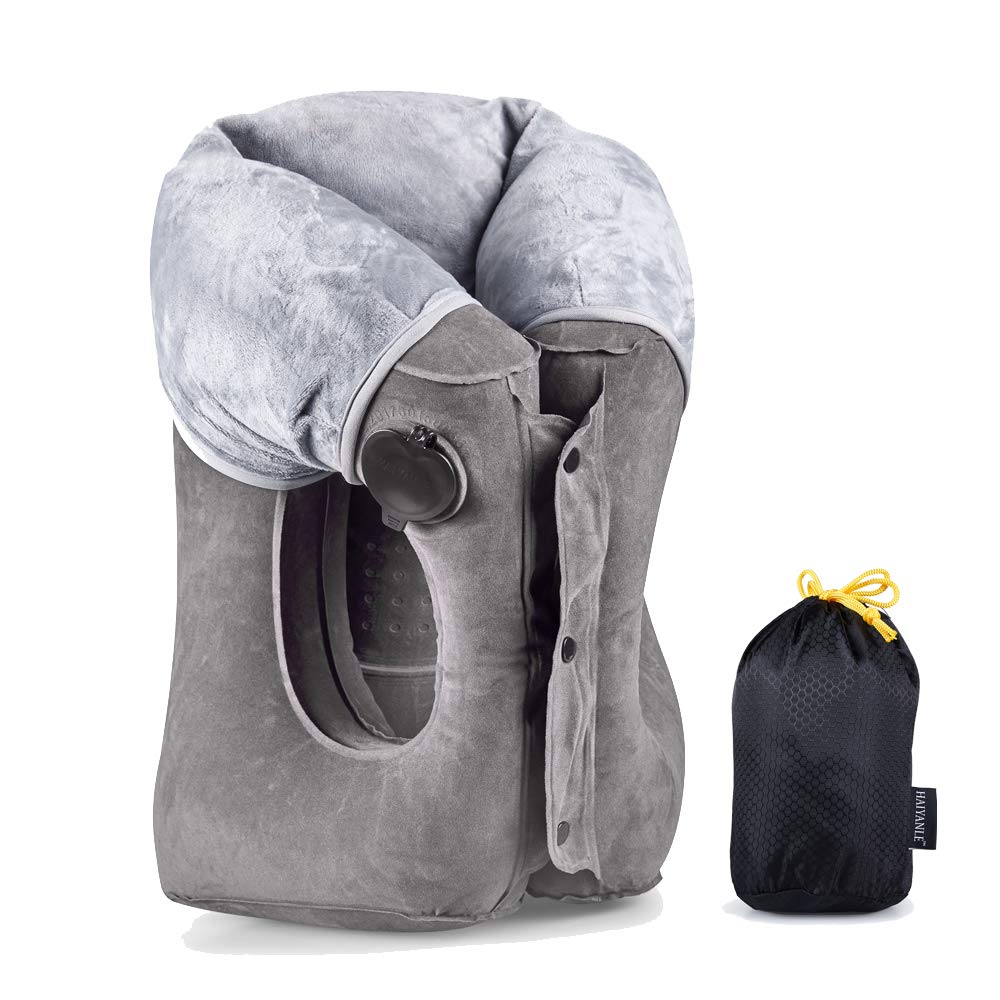 Head Supporting Travel Pillow- Multifunction Inflatable Travel Pillows for Sleeping on Airplane Train Bus Office Dark Grey