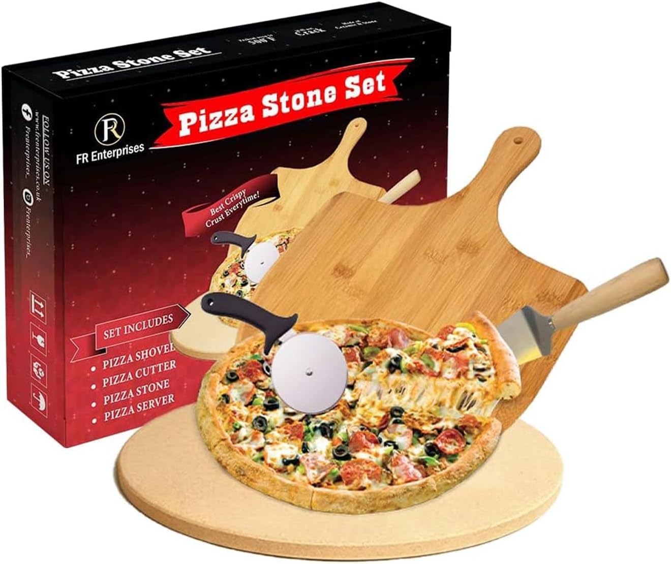 FR Enterprises Pizza Stone for Oven - Round Stone with Pizza Peel, Paddle, and Cutter - Round Stone for BBQ, Grill, Baking Bread, Pizza, and Cookies - Portable for Indoor and Outdoor