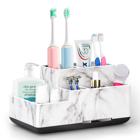 Toothbrush Holder,Bathroom Organizer Countertop, 5 Compartments Multifunctional Storage for Cosmetic, Makeup, Office Stationery Pencil,Toothpaste, Toothbrush for Home, Office White Marble