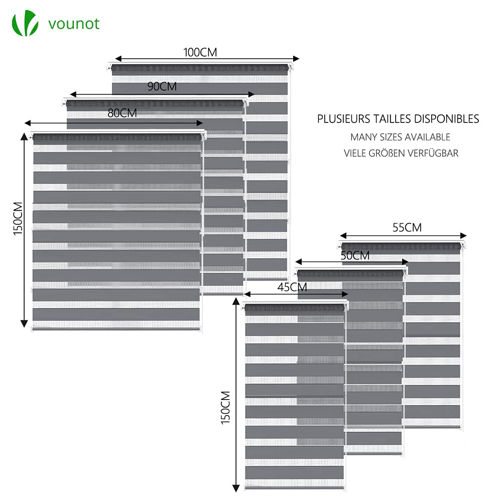 VOUNOT Day and Night Zebra Roller Blind with Clips 90 x 150 cm, Double Fabric Translucent or Blackout Vision Curtains for Window and Door, No Drilling, Grey 90x150cm Grey X 1