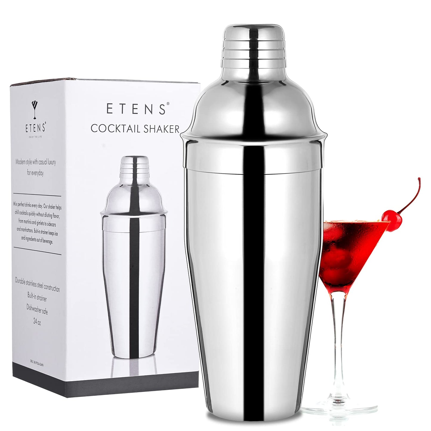 Etens Cocktail Shaker, 24 oz Martini Shaker Drink Mixer with Built-in Strainer for Bartending – Stainless Steel Bartender Shaker Metal Margarita Mixer for Mixed Drinks / Cocktail Shaker Set Silver