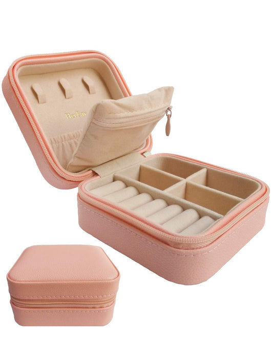 HerFav Small Travel Jewellery Box Organiser, Mini Jewellery Case for Women Faux Leather Storage for Rings, Earring, Necklaces, Pink