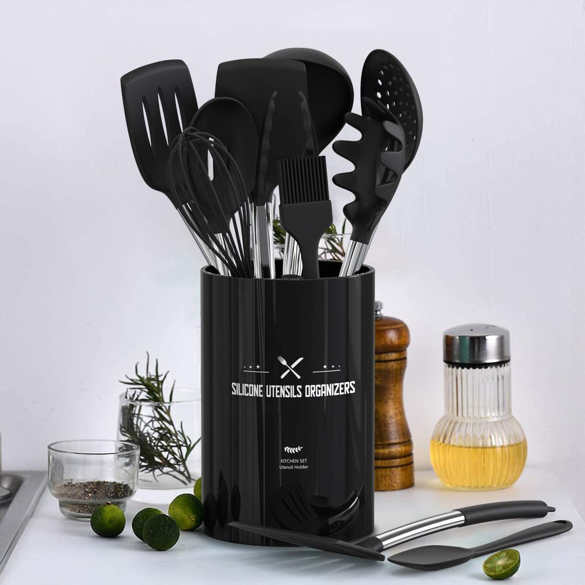 Umite Chef Kitchen Utensil Set, 15pcs Silicone Cooking Kitchen Utensils Set, Cooking Tools Turner Tongs Spatula Spoon for Nonstick Heat Resistant Cookware - (Black) Black