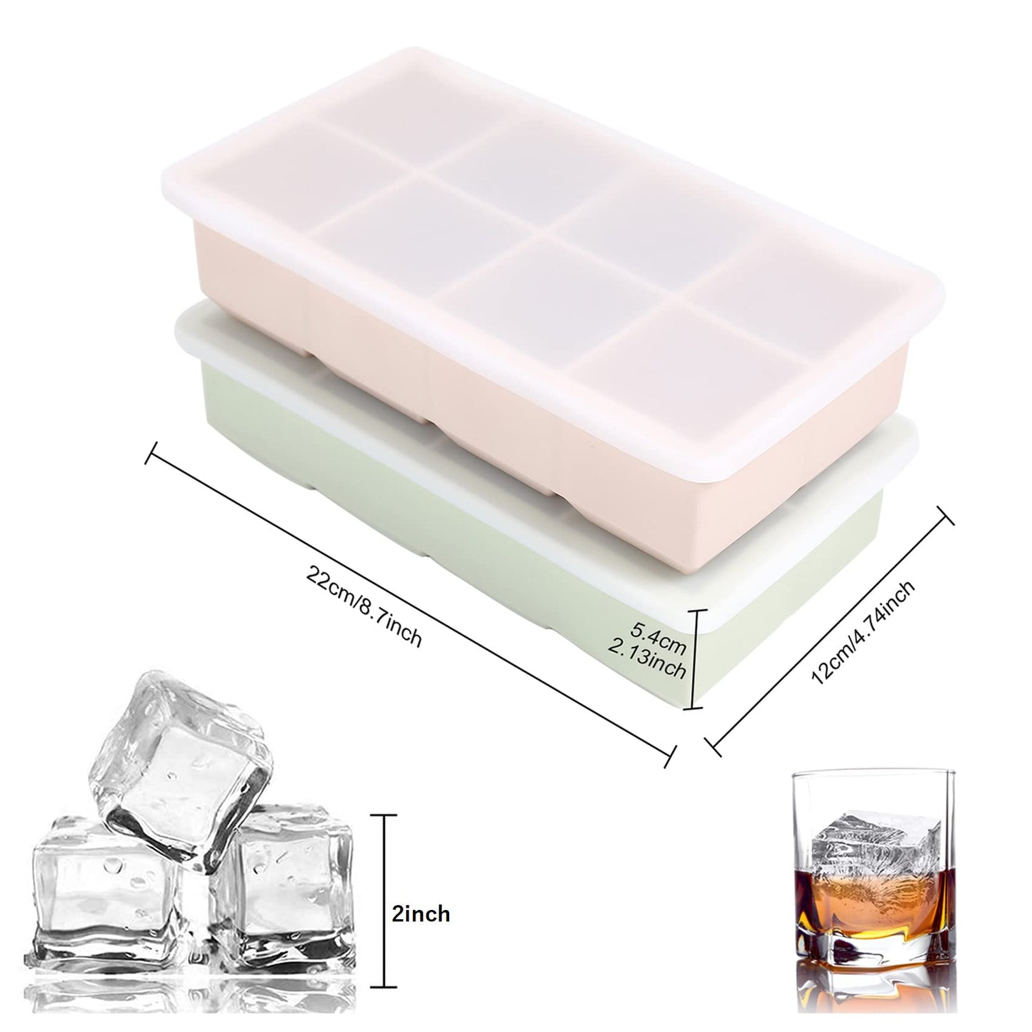 LessMo Ice Cube Tray, 2 Pack XXL Silicone Large 2 Inch Ice Cube Molds with Lids, for Whiskey, Cocktails & Wine (Green and Pink) Pink-green