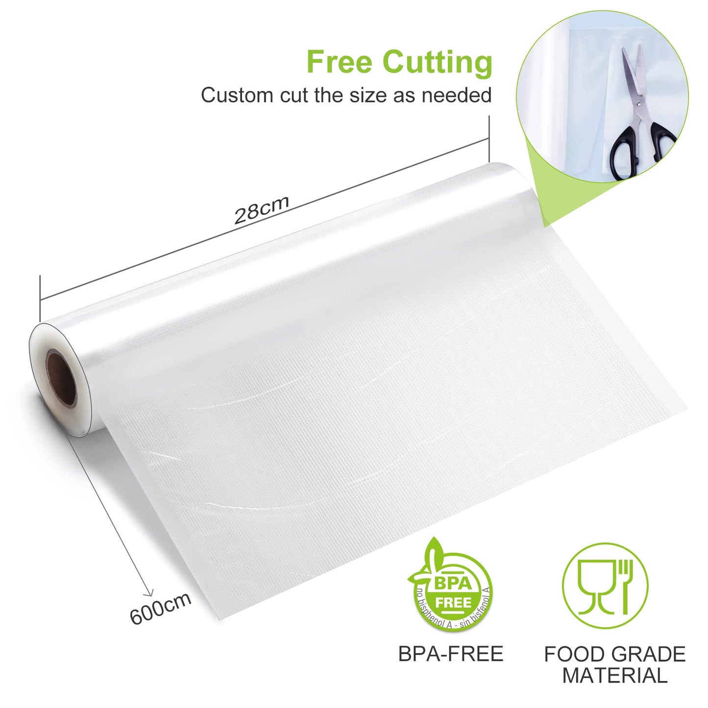 Bonsenkitchen Vacuum Food Sealer Rolls Bags, 2 Packs 28 x 600 cm Storage Bags (Total 12 m), BPA Free, Durable Commercial Customized Size Food Bags for Food Storage and Sous Vide Cooking 2 Roll 28 X 600 Cm