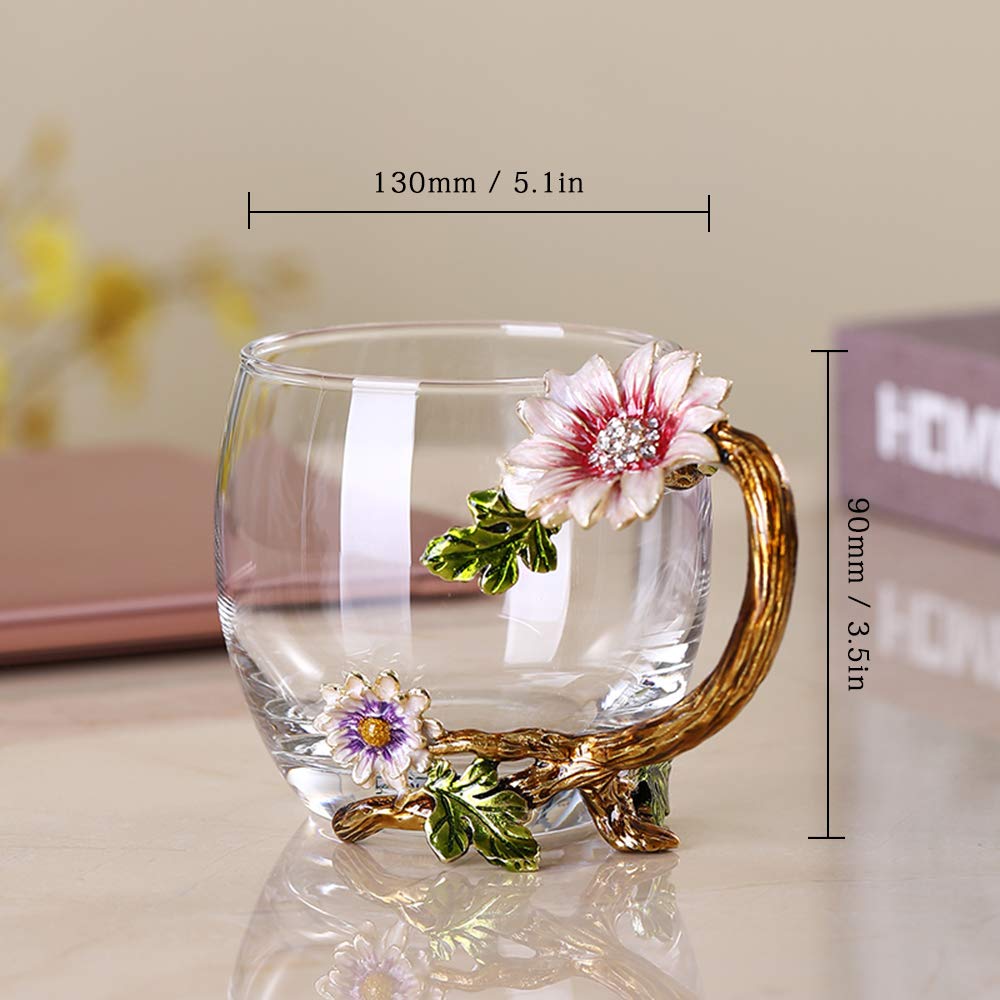 PPEA Enamel Sunflower Crystal Lead-Free Glass Tea Cup with Spoon Set, Present for The Christmas, Valentine's Day.Best Present for Mother, Grandma, Girlfriend, Sister. 11oz / 320ml Carton Package