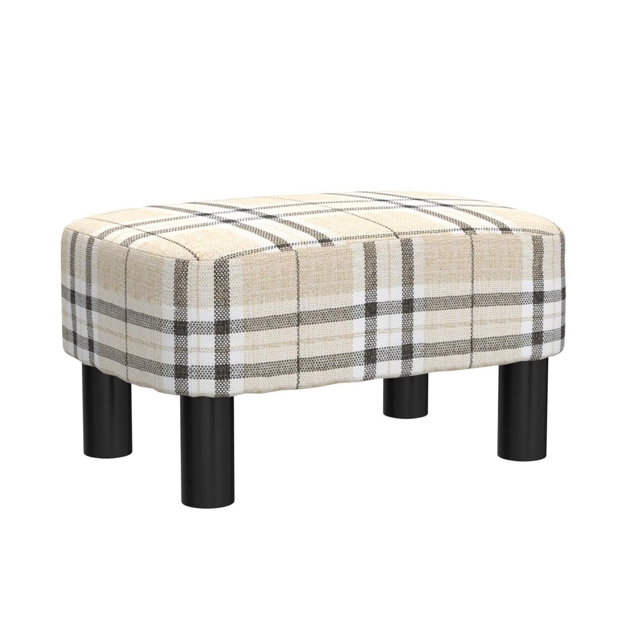 IBUYKE 42CM Small Footstool, Linen Fabric Pouf, with Padded Seat Pine Wood Legs Rectangular Stool, Small Under Desk Footrest, Pet Steps Dog Stairs for High Beds and sofa, Stripes RF-BD215 Stripe cloth