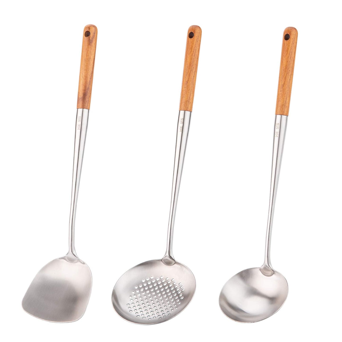 Wok Spatula and ladle,Skimmer Ladle Tool Set, 17inches Spatula for Wok, 304 Stainless Steel Wok Spatula. 3pcs