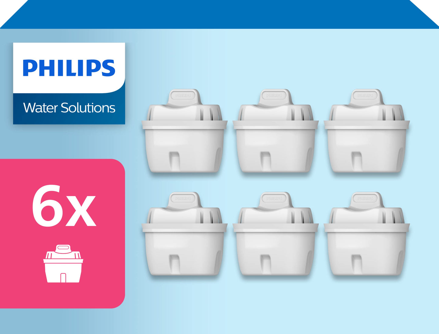 Philips Water Replacement Filter Cartridges, 6-Pack, Brita Compatible, Reduces MICROPLASTICS, Chlorine, LIMESCALE, Heavy Metals 6er-pack