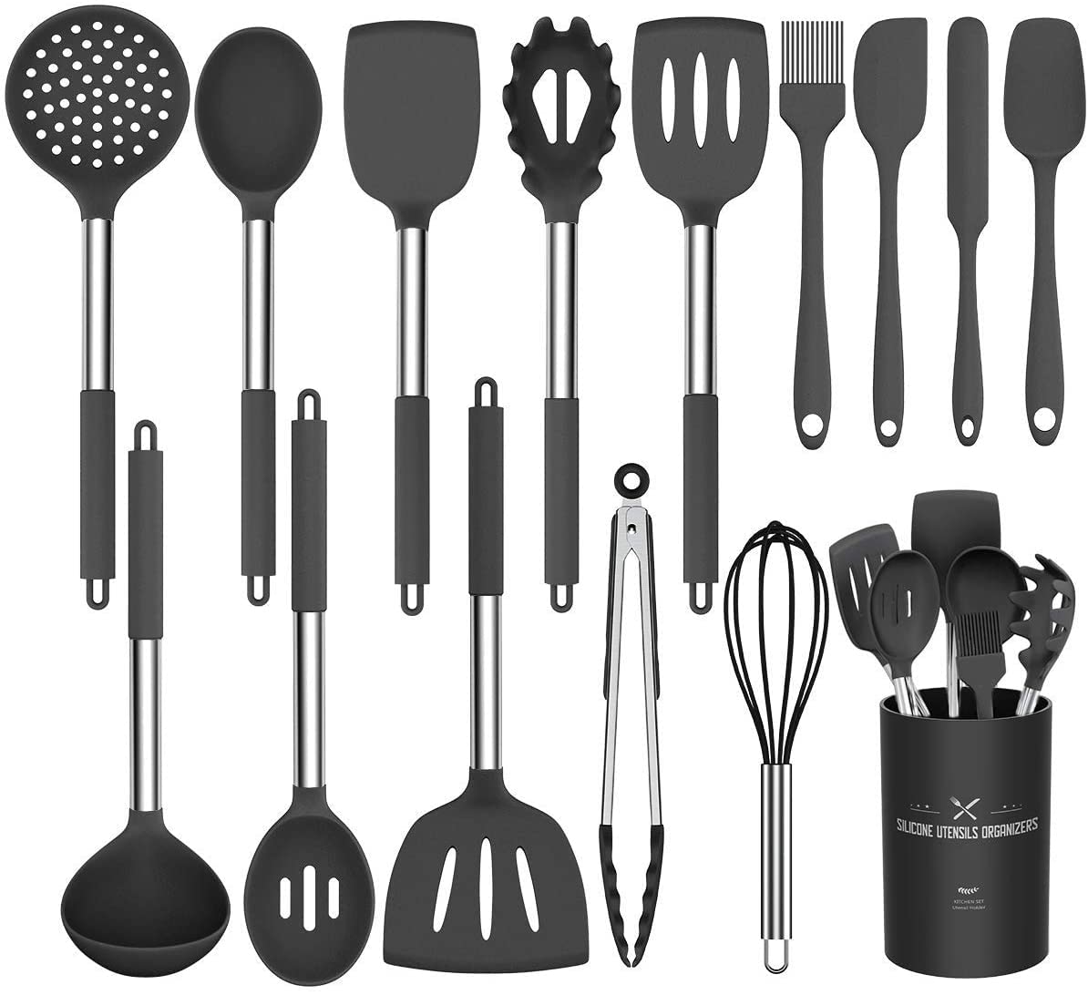 Umite Chef Kitchen Utensil Set, 15pcs Silicone Cooking Kitchen Utensils Set, Cooking Tools Turner Tongs Spatula Spoon for Nonstick Heat Resistant Cookware - (Black) Black