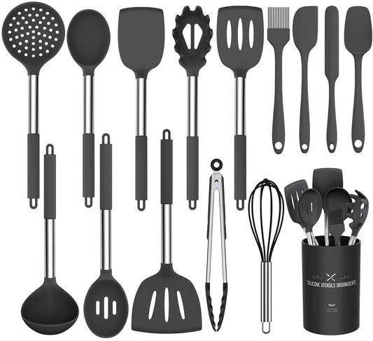 Umite Chef Kitchen Utensil Set, 15pcs Silicone Cooking Kitchen Utensils Set, Cooking Tools Turner Tongs Spatula Spoon for Nonstick Heat Resistant Cookware - (Black) Black