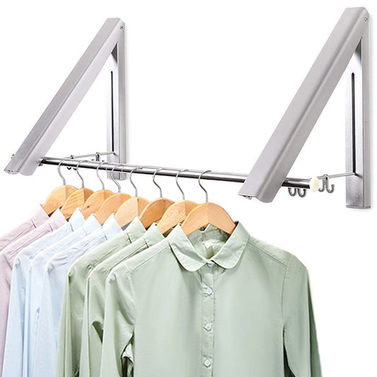 LIVEHITOP Foldable Wall Mounted Clothes Rail 2 Pieces, Coat Hanger Racks Dryer Aluminum Hanging Rod Wardrobe Hooks for Bedroom Bathroom Balcony Indoor Outdoor Silver Racks +Rod