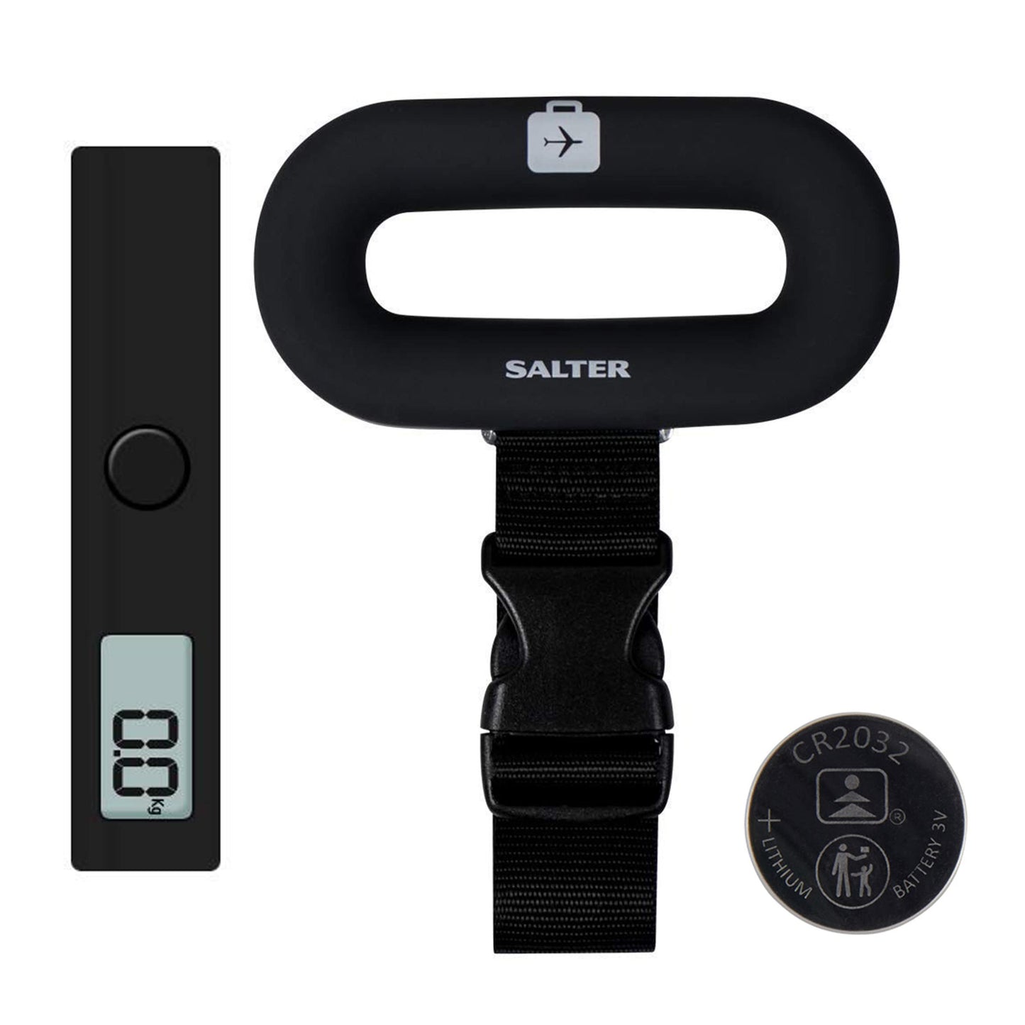 Salter 9500 BKDCTMEU16 Digital Luggage Scale - Portable Suitcase Weighing Scales, Easy Clip On Travel & Baggage/Bag Weight Scale, Max 88lbs/40kg, Battery Included, Soft Touch Handle, Lightweight Single