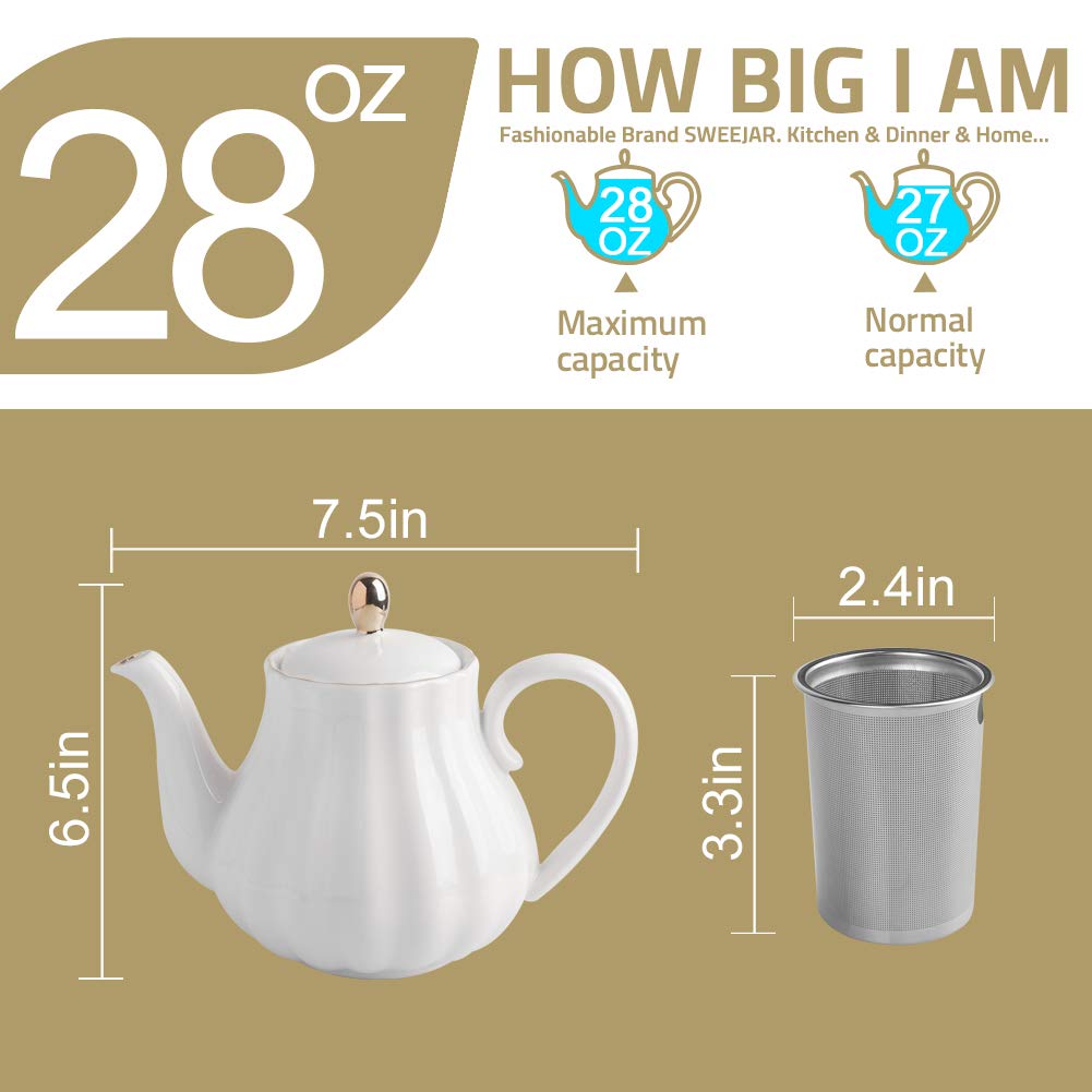 Sweejar Home Royal Teapot, Ceramic Tea Pot with Removable Stainless Steel Infuser, Blooming & Loose Leaf Teapot - (3-4cups) 800 ml (White) Pumpkin shape White