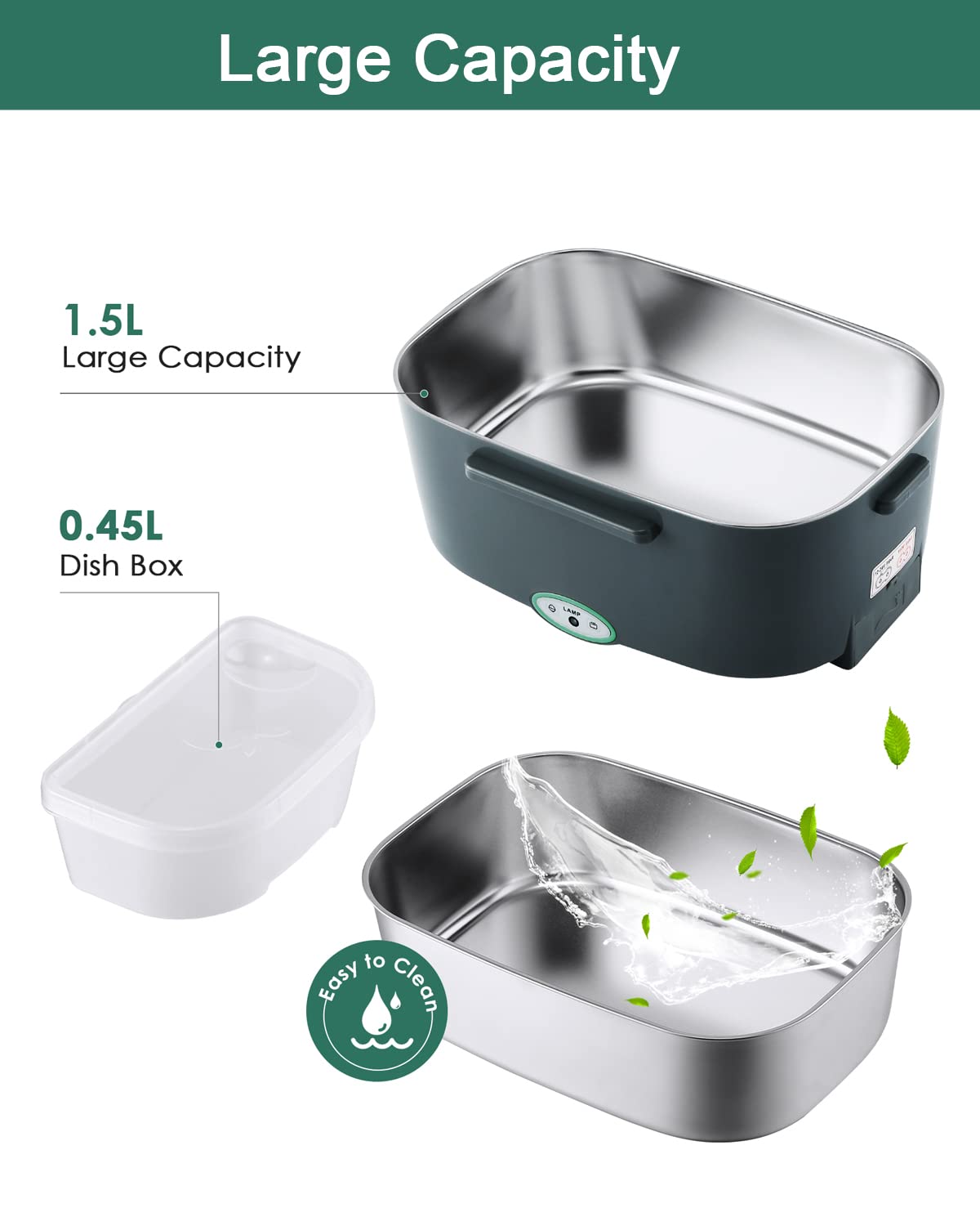 Dosevita Electric Lunch Box 80W Faster Heated Lunch Box Portable Food Warmer for Car Home with Removable 304 Stainless Steel Container Spoon & Fork and Carry Bag (Grey+Green) Grey+green