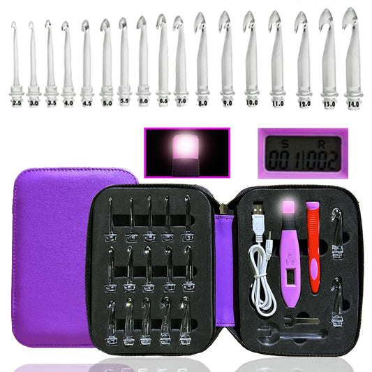 Crochet Hooks Light up Crochet Hook Set 17 Sizes Digital Crochet Hooks with Counter 2.50~14.0mm 17Size Purple