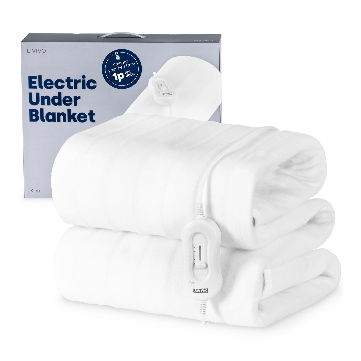 LIVIVO Electric Under Blanket - Heated Underblanket with 3 Heat Settings, Detachable Control, Ultra Fast Heat Up, Overheat Protection & Straps for an Easy Fit (King (U.K. Standard)) King (U.K. Standard) White