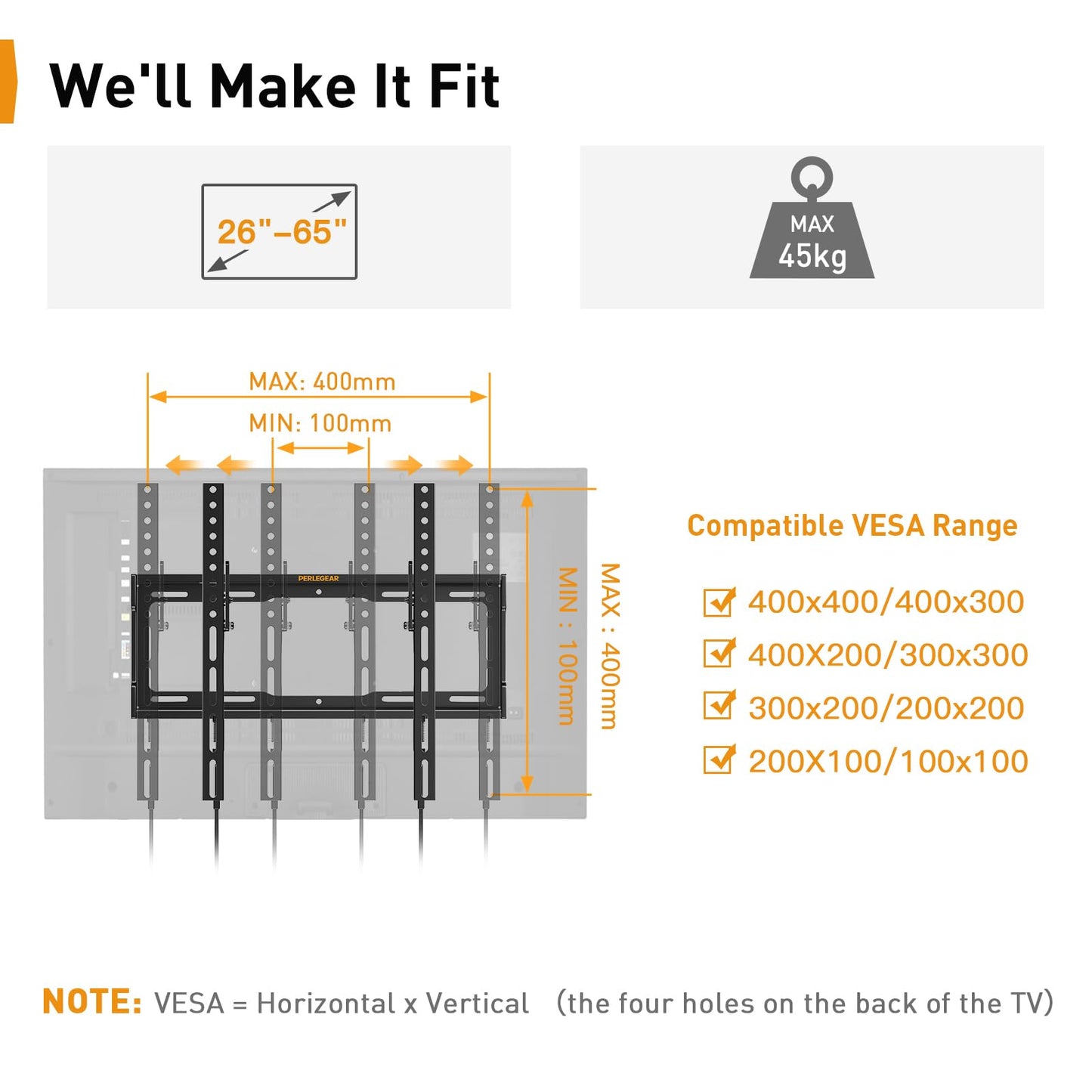 Perlegear TV Wall Bracket for Most 26-65 inch TVs up to 45kg, Max VESA 400x400mm, 55 inch Tilt TV Wall Mount with Pull Cord Safety Locks, PGPIMTK1-E