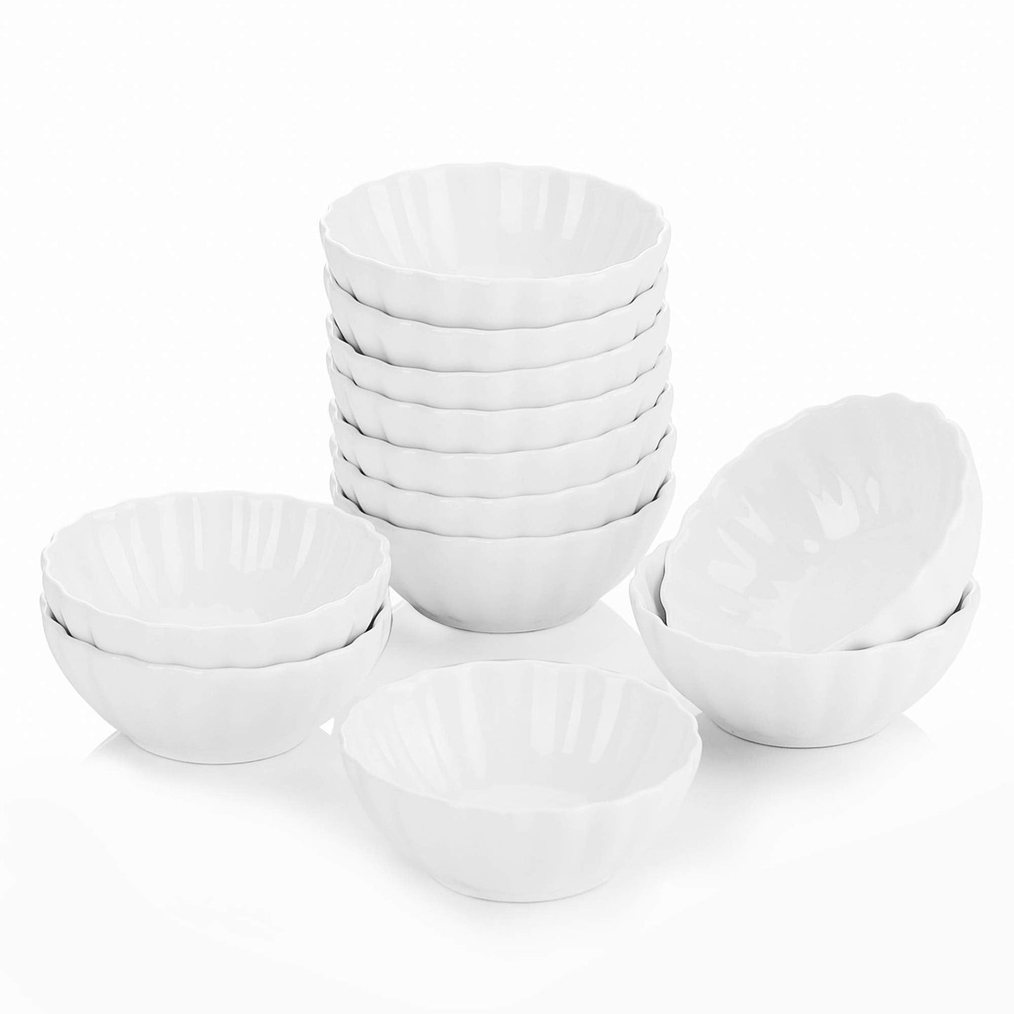 MALACASA Ramekins Set of 12, 55ML Porcelain White Dipping Bowls Mini Creme Brulee Ramekins Soufflé Dishes Baking Dish for Serving Dip, Custard, Ice Cream, Oven Safe Set of 12 - 55ML, 7.7 x 7.7 x3.3cm White-n