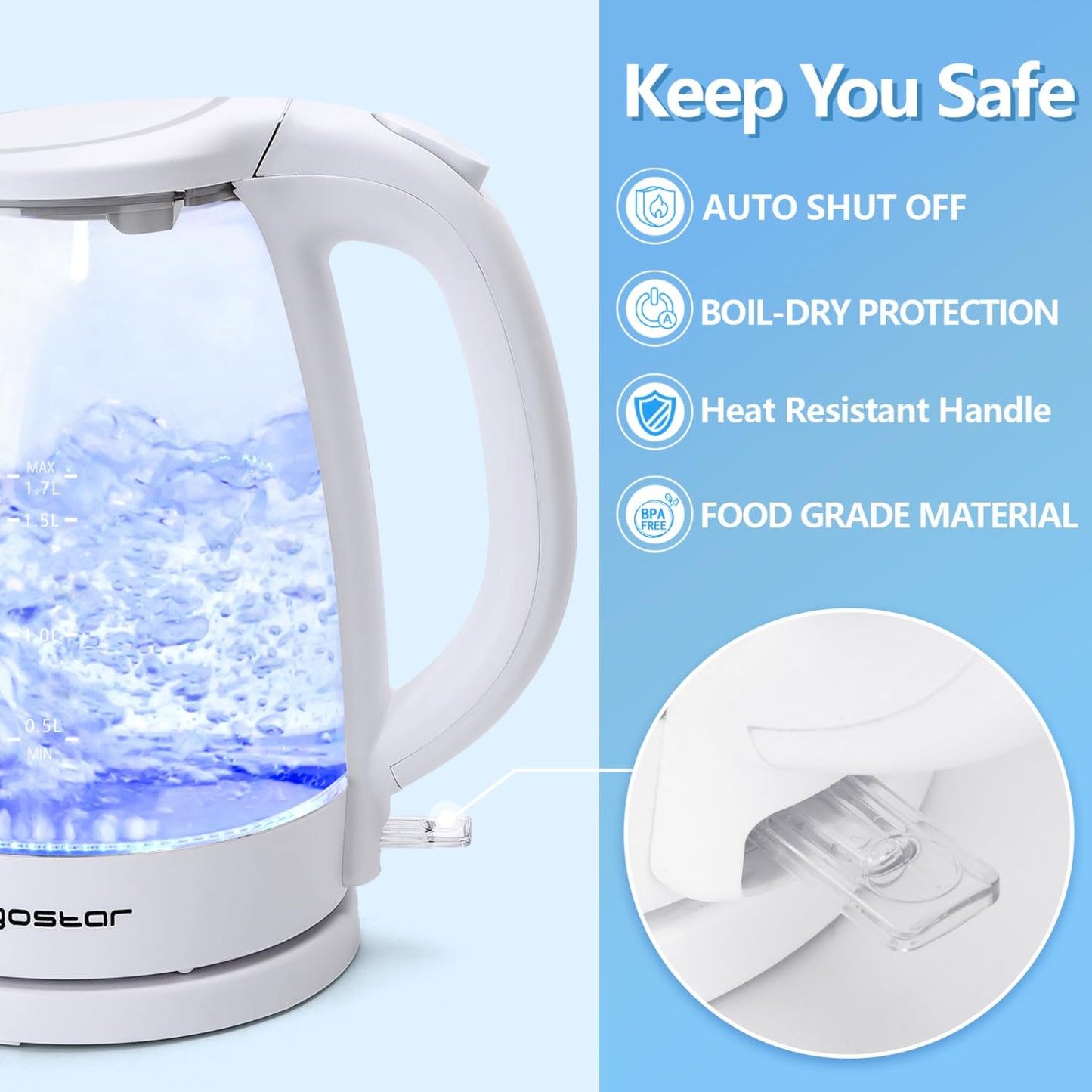 Aigostar Eve 30KHT - Glass Water Kettle with LED Lighting, 2200 Watts, 1.7 Liter, Boil-dry Protection, BPA Free, White