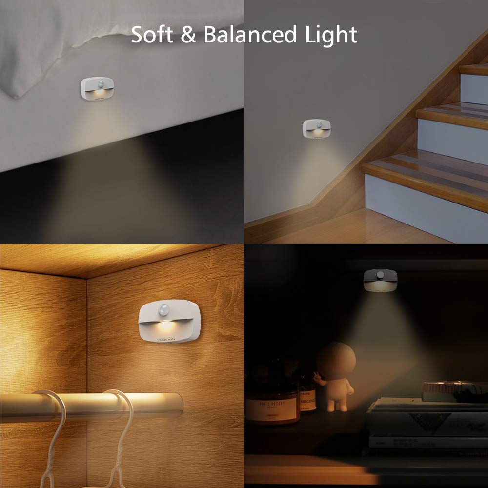 VESKYAO 3 Packs Motion Sensor Night Light, Indoor, Battery Operated LED Stairs Lights with Adhesive Pads, for Cupboard, Wardrobe, Shelf, Toilet- Warm White