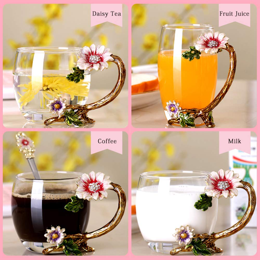 PPEA Enamel Sunflower Crystal Lead-Free Glass Tea Cup with Spoon Set, Present for The Christmas, Valentine's Day.Best Present for Mother, Grandma, Girlfriend, Sister. 11oz / 320ml Carton Package