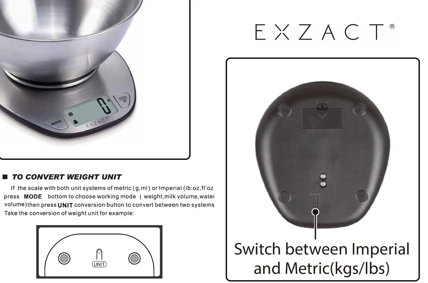 Exzact Electronic Kitchen Scale with a Mixing Bowl Stainless Steel -Digital Baking Scale - Food Scale - Support Imperial and Metric Switch - Capacity Max 5kgs Ex4350