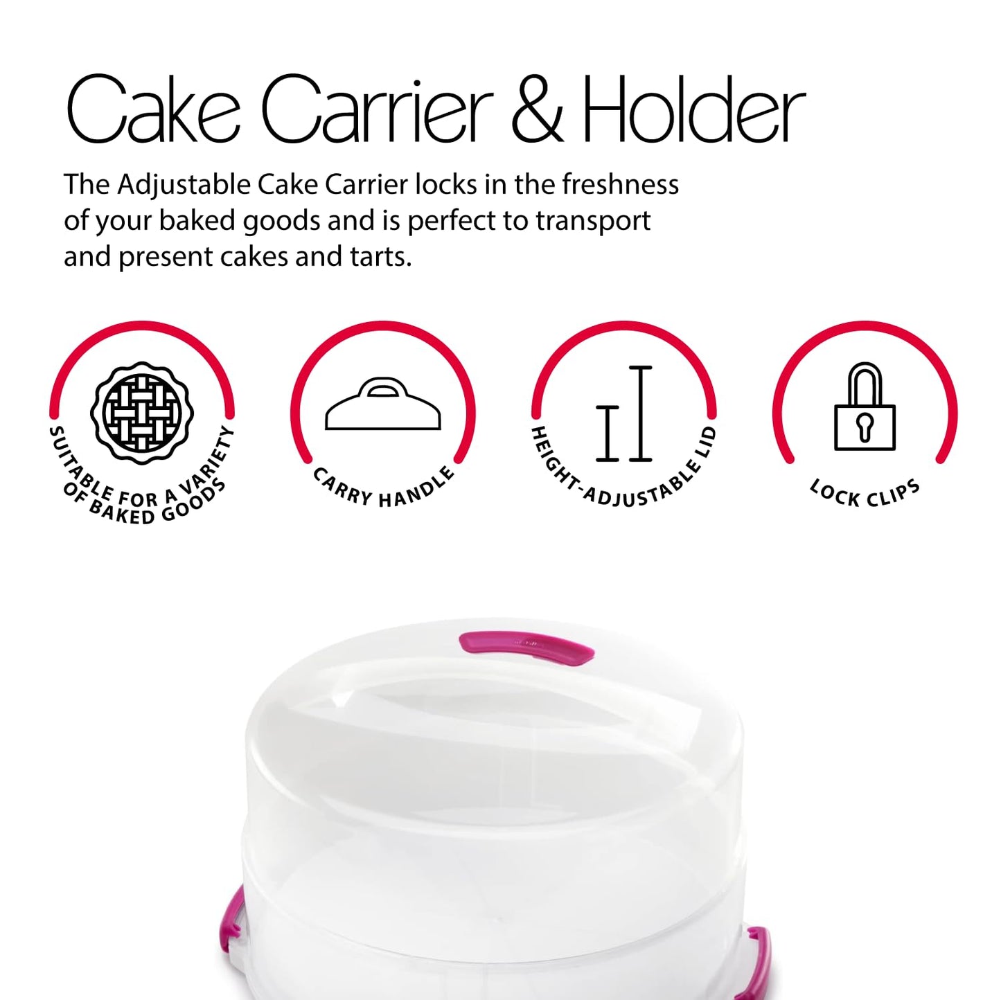 Metaltex Adjustable Cake Carrier - Baking Accessories and Storage - White/Pink, 36 x 36 x 22 Centimetres 36 x 36 x 22 cm